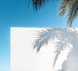 White Wall with Palm Shadows Against a Bright Blue Sky  with copy space
