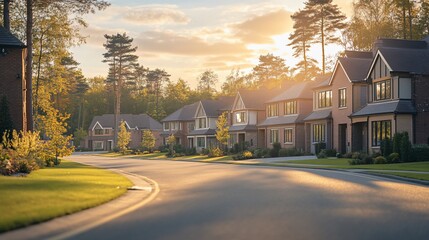 Suburban street with houses at sunset, sun shines through trees in background