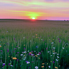 Naklejka premium Sunrise and sunset over a blooming flower field with vibrant colors and a beautiful sky