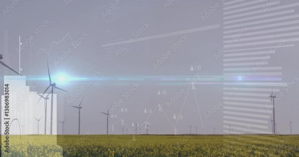 Poster wind turbines in field with data processing animation overlaying scene