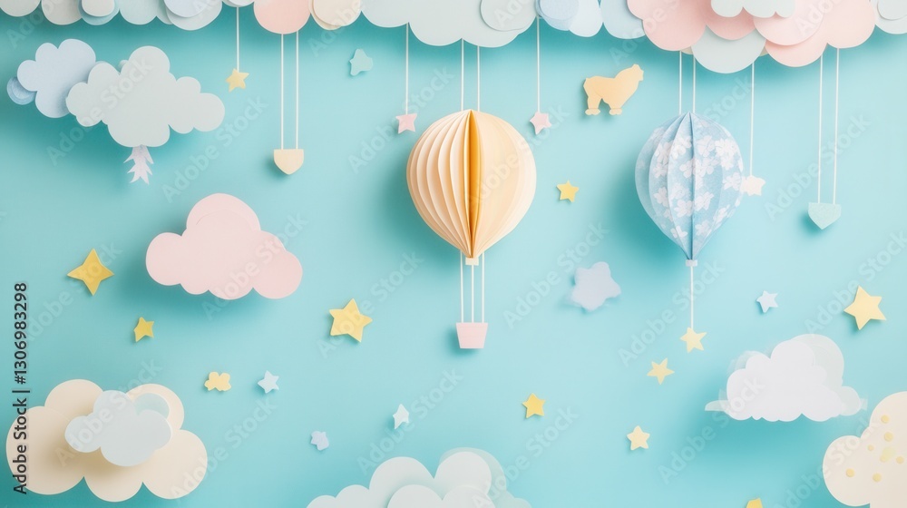 Poster Charming whimsical paper art background with clouds, balloons, and stars creating a dreamy atmosphere for text layout Generative AI