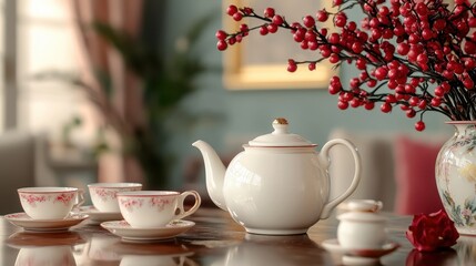 Fototapeta premium Elegant tea set arrangement with delicate cups and blooming branches in a cozy interior setting