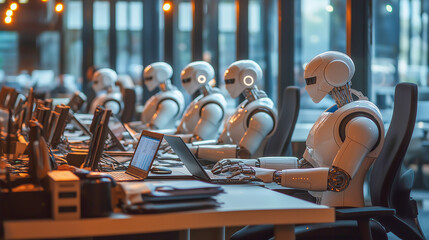 Obraz premium Robots working at desks in a modern office environment
