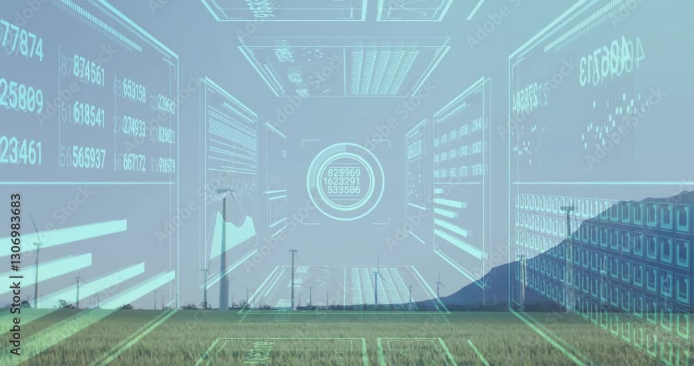Poster digital data interface animation over wind turbines in open field landscape