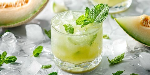 Fototapeta premium Refreshing honeydew melon and mint cocktail with ice isolated on white background