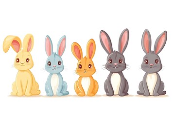 Obraz premium Five cute bunnies sitting, white background, children's illustration