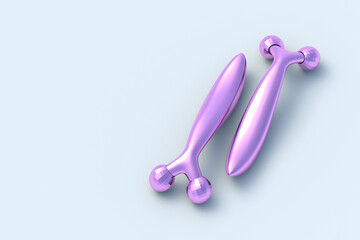 Two ball face rollers on light gray background. Metal massager. Cosmetic accessories. Skin care tool. Copy space. 3d render