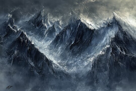 A breathtaking view of a dramatic, icy mountain range from above.