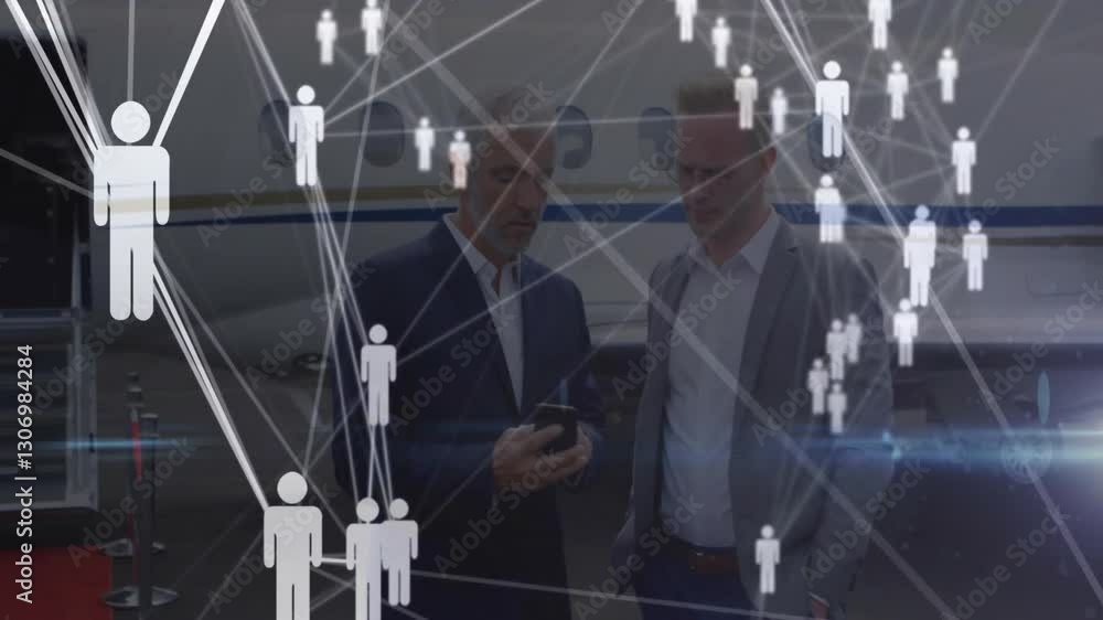 Aufkleber businessmen discussing over network of connections and data processing animation