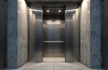 Metallic elevator door partially opens, revealing dimly lit shaft with railing, concrete walls below. Lift with closed door. Inside elevator cabin with lights. Modern passenger elevator.