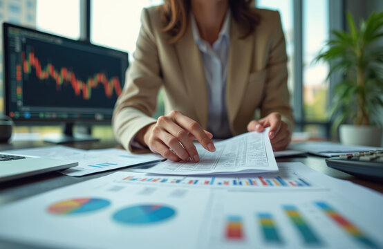Businesswoman analyzes financial data using graphs, spreadsheets. Stock exchange rates displayed on screen. Financial analyst examines company balance, calculates profit, revenue, risks, investment