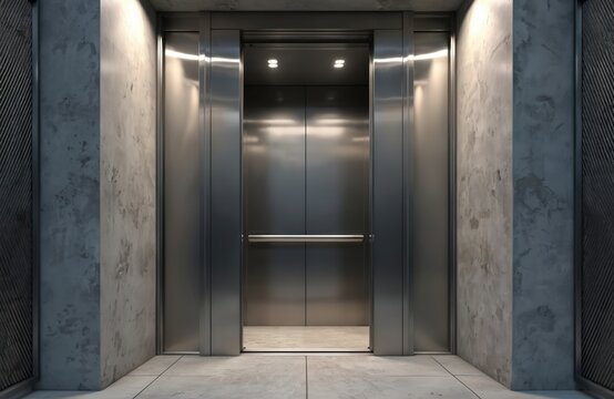 Metallic elevator door partially opens, revealing dimly lit shaft with railing, concrete walls below. Lift with closed door. Inside elevator cabin with lights. Modern passenger elevator.
