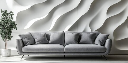 Grey sofa against a wavy white wall.