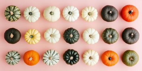 Colorful Pumpkins Arranged on Pink Background (1)