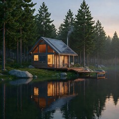 Obraz premium Solar Cabin Retreat: Modern Lakeside Hut with Photovoltaic Panels at Dusk