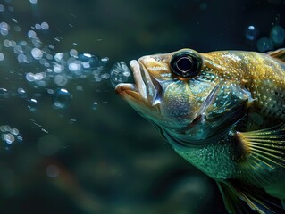 Underwater portrait of a speckled fish exhaling a trail of shimmering bubbles
