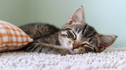 Cozy gray tabby kitten naps peacefully on a pristine white carpet, curled up on its side, tiny nose twitching as it dreams in serene slumber