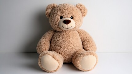 Obraz premium Teddy bear sits on floor in front of a blank wall, for kids product presentation