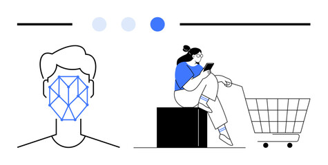 Abstract face scan geometry and woman using a smartphone near a large shopping cart. Ideal for AI, e-commerce, data security, retail, modern technology, customer behavior, privacy. Flat simple