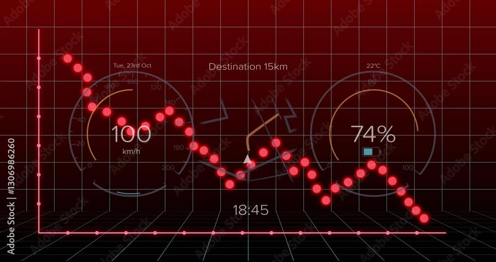Poster animation of fluctuating red graph showing speed, distance, and time metrics