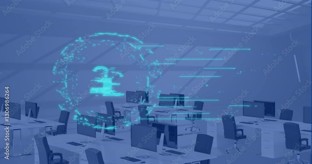 Poster digital currency symbol animation over modern office workspace with computers