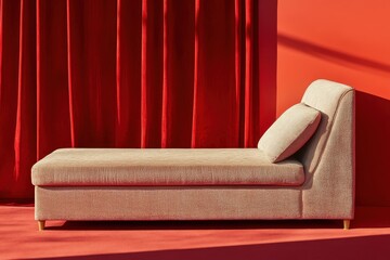 A chaise lounge sits in front of red drapery and wall
