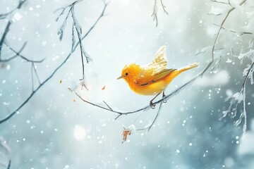 A bright yellow warbler adding a splash of color to the white snow.