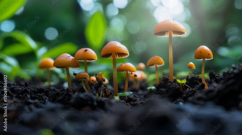 Poster a close-up of tiny mushrooms emerging from rich, dark soil in a shaded forest.