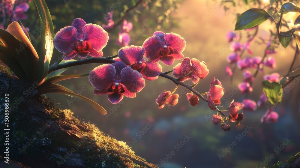 Poster a close-up of vibrant orchids growing on a tree branch, bathed in soft sunlight.