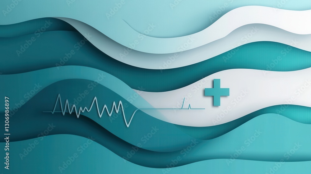 Poster layered paper art design featuring calming blue and white tones with subtle medical elements for hea