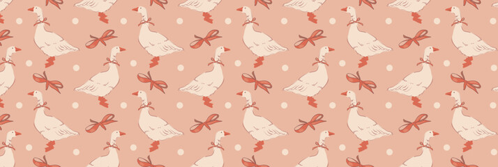 Summer seamless pattern with cute hand drawn geese, bows and polka dot on pink background. Funny goose with tied bow. Print for fabric, wallpaper or wrapping paper. Vector illustration. © Natali