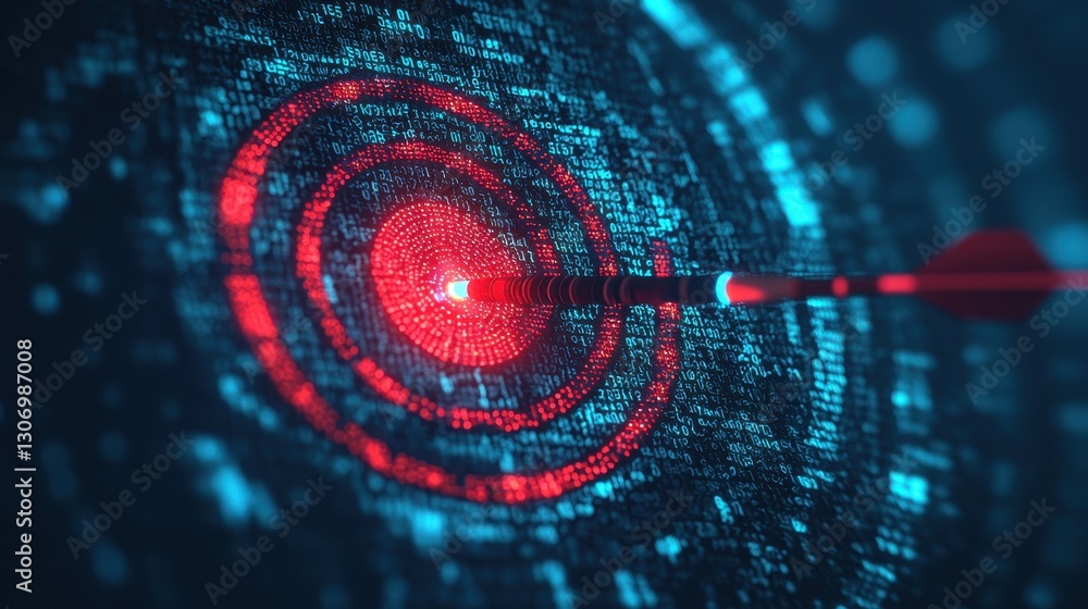 Poster abstract representation of a digital dartboard with glowing concentric circles and binary code backg