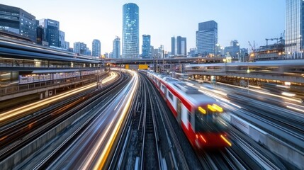 Fast Train Through City at Dusk