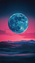 Stunning Full Moon Illuminated by Pink and Blue Sunset Over Tranquil Ocean Waves
