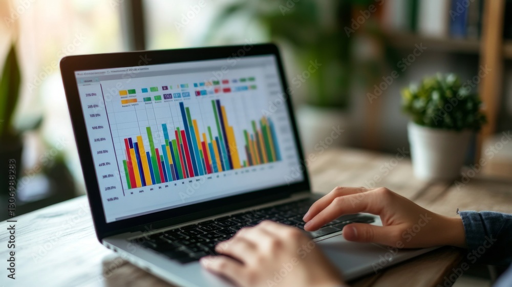 Leinwandbilder a financial analyst working on a laptop with a colorful bar graph displayed on the screen.