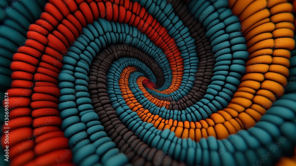 Poster abstract swirl of colorful geometric shapes in vibrant blue, orange, and black, creating a mesmerizi