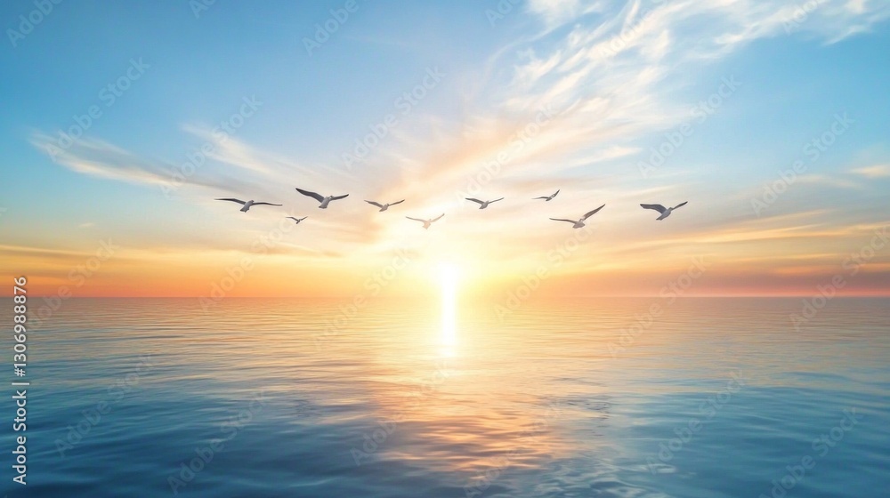 Aufkleber a group of migratory birds flying in perfect formation over a calm ocean at dawn.