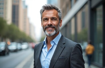Portrait of middle-aged grey haired confident businessman with light unshaven beard wearing suit shirt but no tie, modern city street background. Successful executive smiles, stands looks at camera.