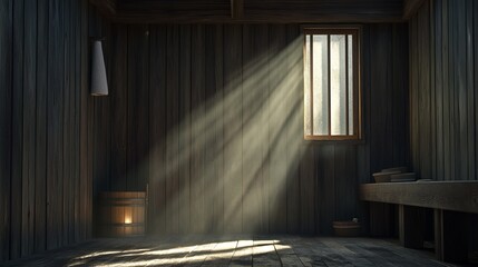 A serene wooden sauna with soft light filtering through, creating a peaceful and calming atmosphere, ultra-detailed, 8k