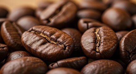 Naklejka premium Rich Brown Coffee Beans Close Up. AI Generated