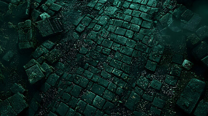 Crumbling cobblestone path, night, urban decay, atmospheric background, game design