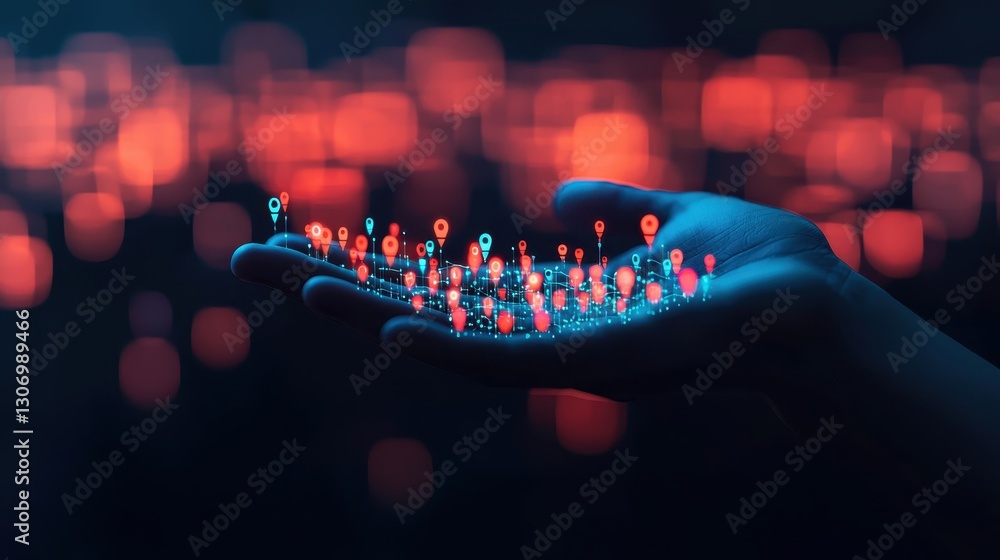 Poster glowing digital map markers above hand with creative blurred background for technology and navigatio