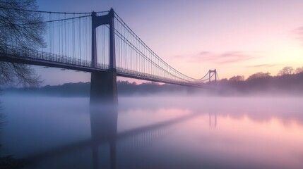 Obraz premium A long suspension bridge swaying slightly over a misty river in the early morning.