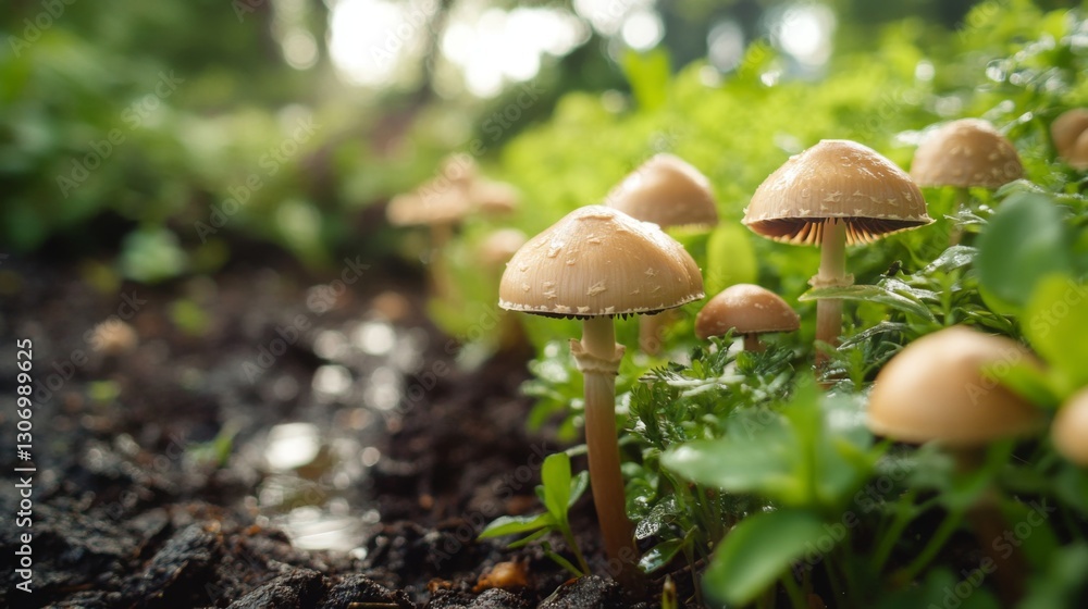 Poster a macro shot of mushrooms sprouting in a garden after a rainstorm.