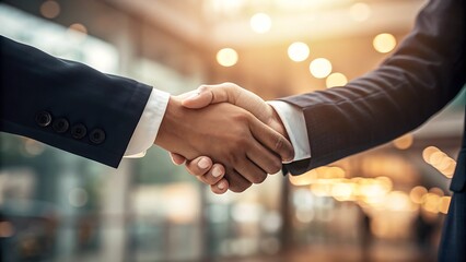A firm handshake between two professionals with soft, warm bokeh lights, representing a successful business deal