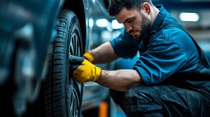 Professional car service: Mechanic changing tire