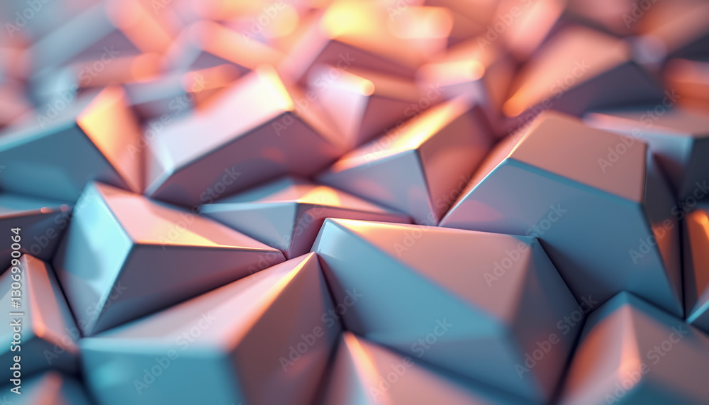 Poster abstract 3d geometric composition, low-poly design with reflective surfaces, dynamic visual effect, 