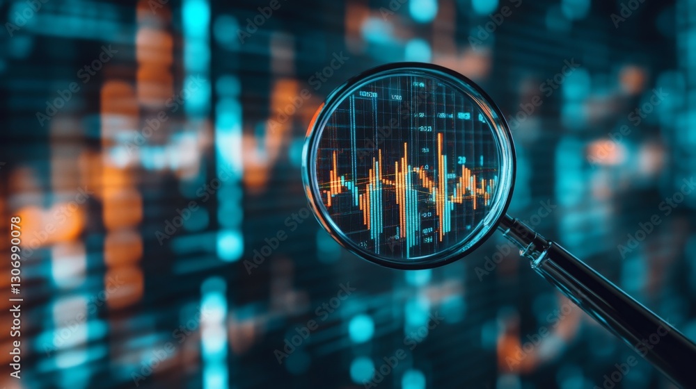 Poster a magnifying glass focusing on a bar graph in a financial report, symbolizing data analysis.
