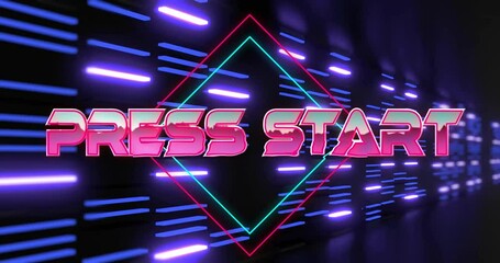 Press Start animation with neon lights and geometric shapes in background - Powered by Adobe