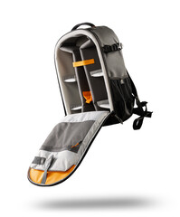 Professional camera backpack with open compartments, revealing organized storage for photography gear. Durable, stylish, and perfect for photographers. Ideal for travel, outdoor, and studio use.